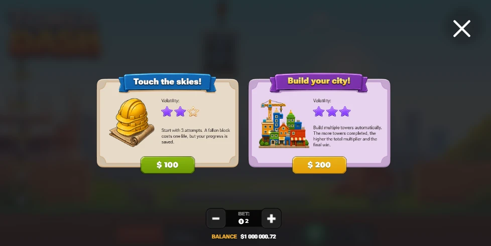 Official material: Touch the Skies! at 100 USD and Build Your City! at 200 USD for a 2 USD stake.